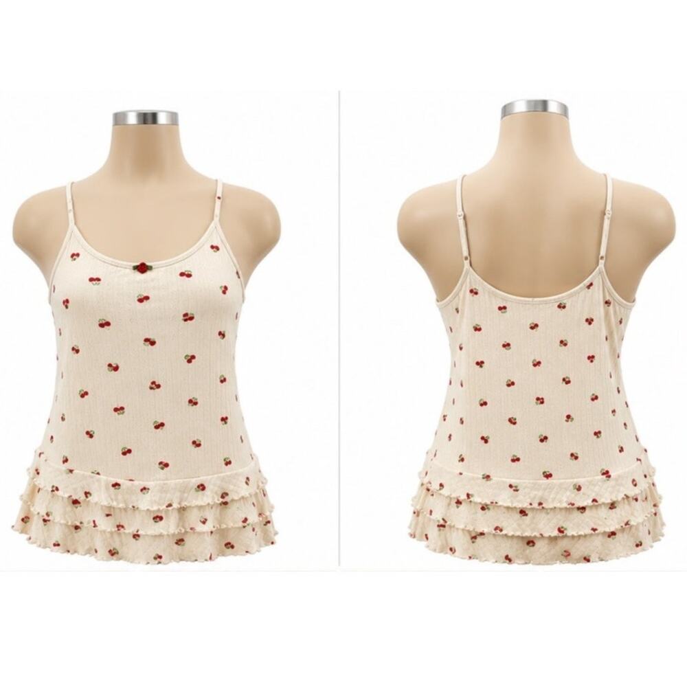 Electric Pink Cherry Print Ruffle Hem Cami Tank Top XL Cream Cottage Coquette